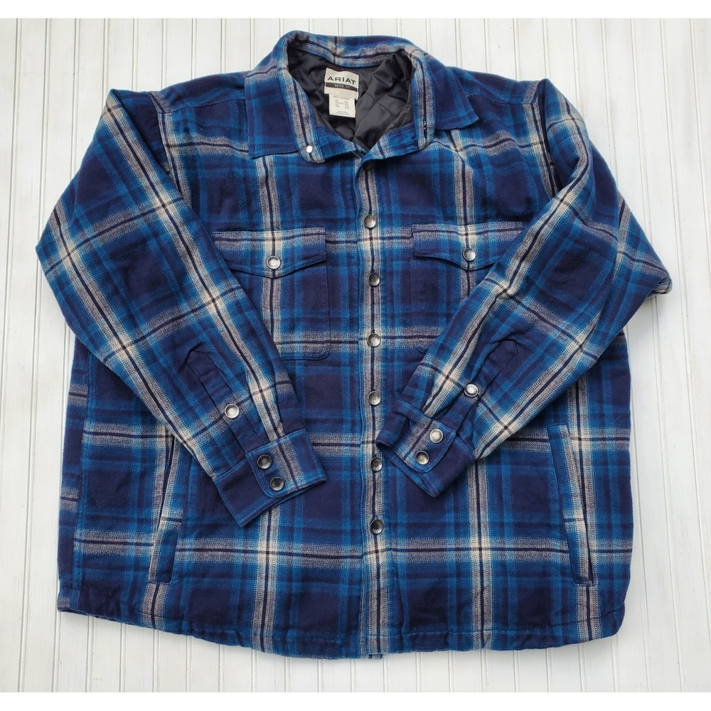 Ariat Retro Fit Mens XXL Blue Plaid Quilted Lined Flannel Shirt Jacket Shacket